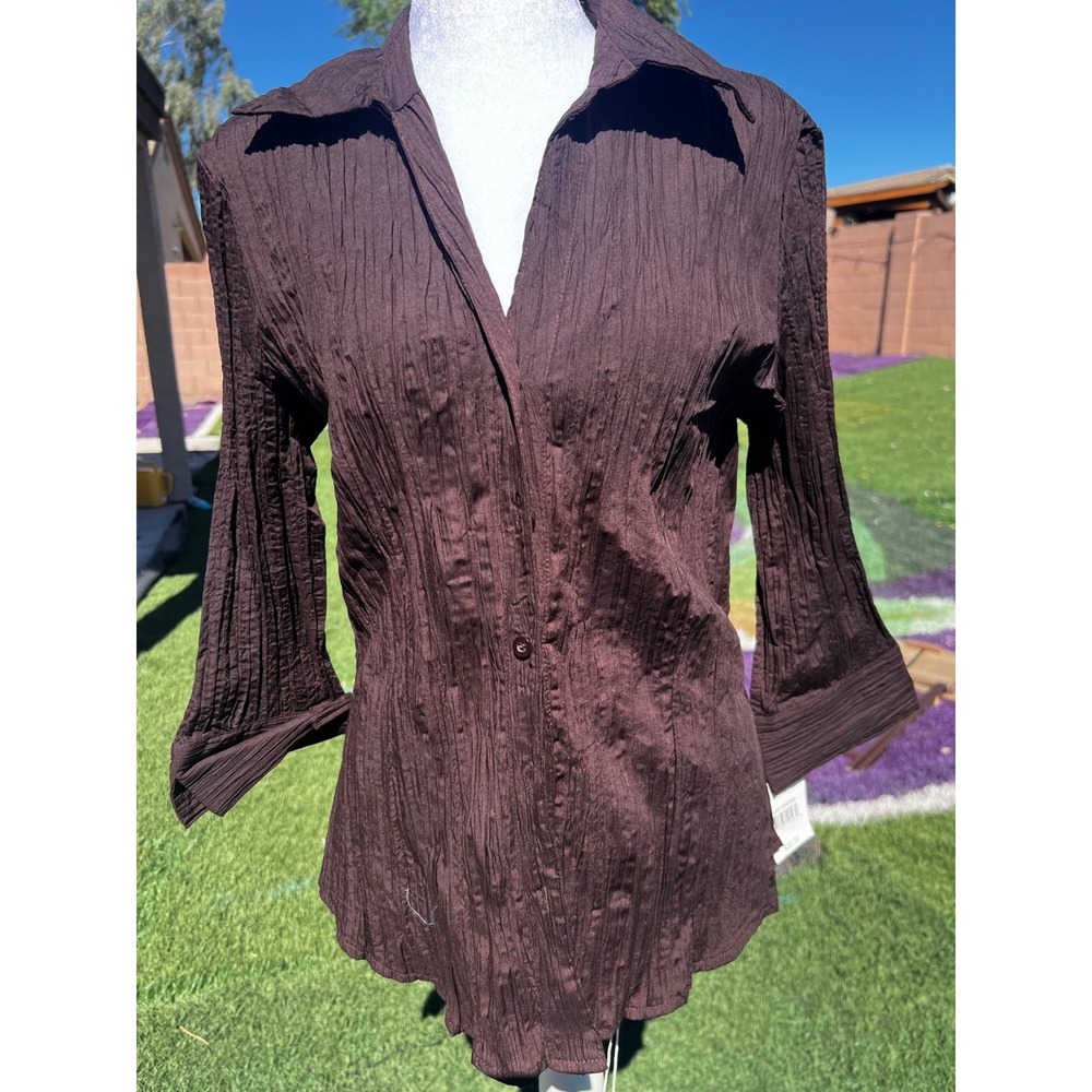 New Ebony Brown Textured Crinkle Button Up Blouse 3/4 Sleeve Top Size Large